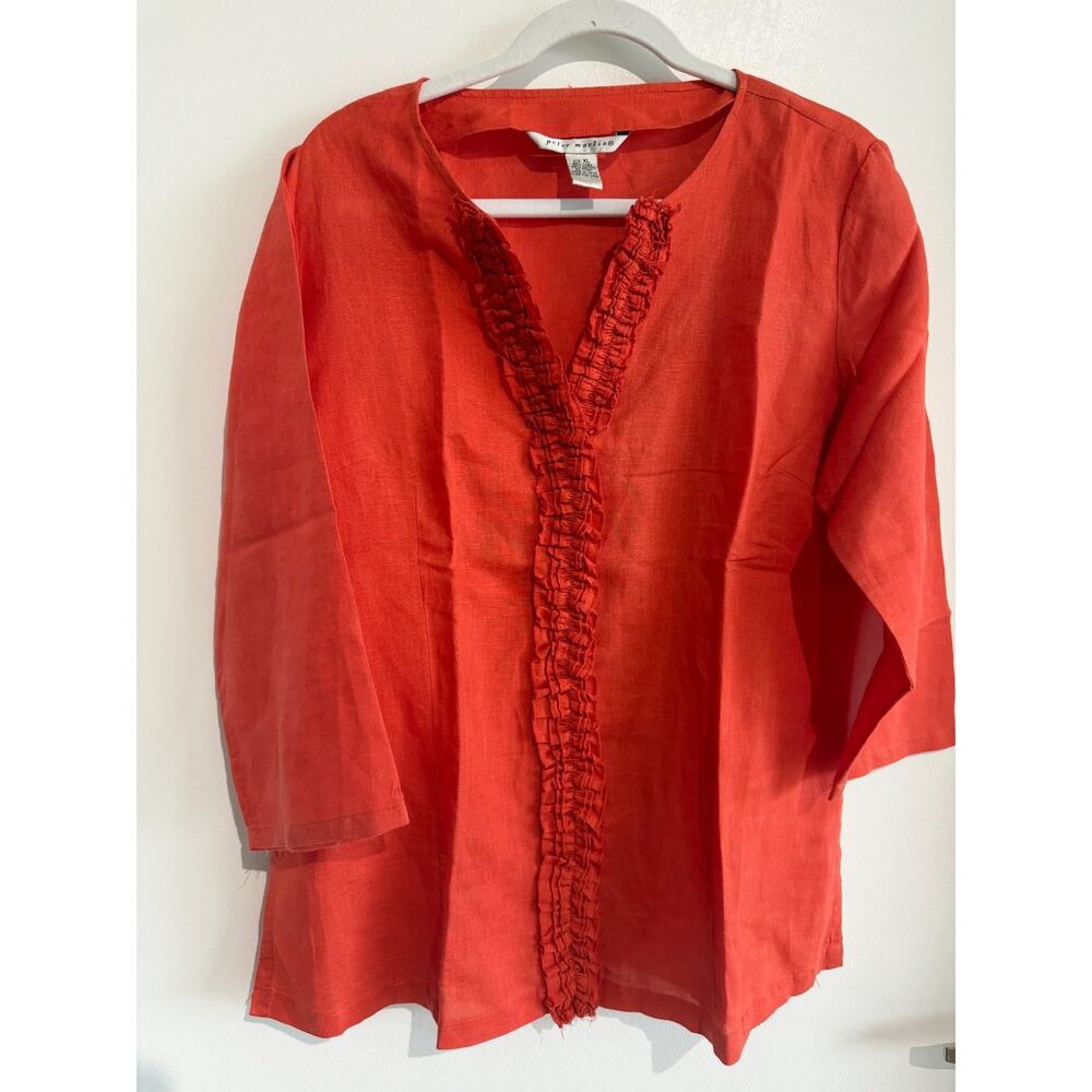 NWOT Linen blend Coral V-Neck Ruffle Trim tunic top tomato red festive Size-XL - Picture 2 of 8